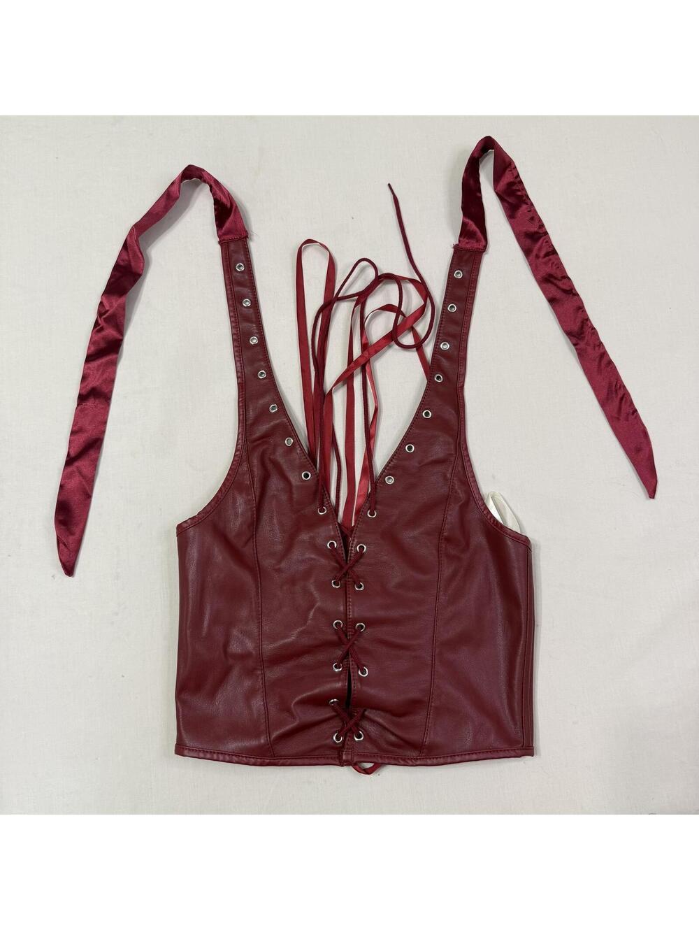 Burgundy Faux Leather Lace-Up Corset Vest Top Size Small